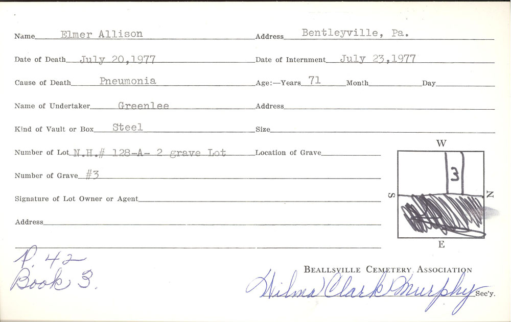 Elmer Allison burial card